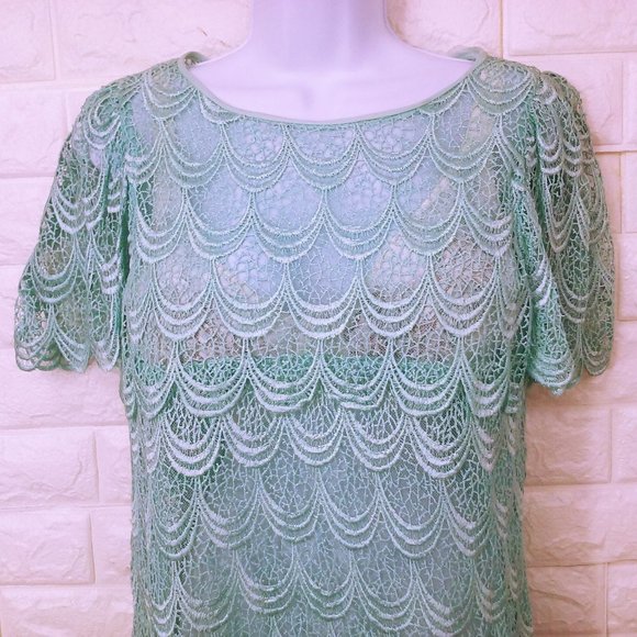 Vintage 70-80s Sheer Scalloped Lace Dress 6/8 Flutter Sleeve Snap-Back Turquoise - Picture 2 of 11